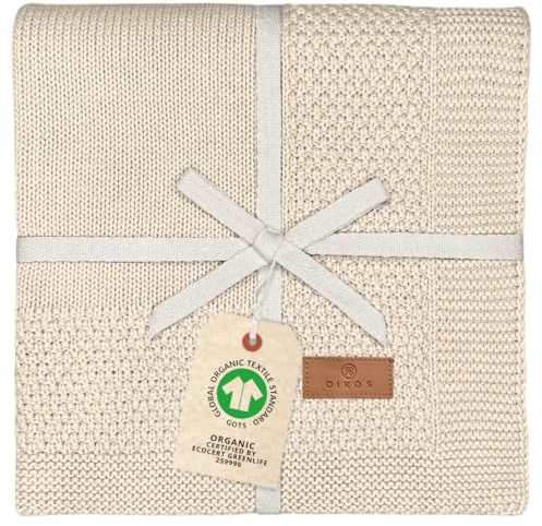 DIKOS® Manta para bebé de 100% algodón orgánico Gots | Suave Manta para recién Nacidos para bebé niña/niño | Manta de Punto para Todo el año | Equipamiento Inicial para recién (Beige Natural)
