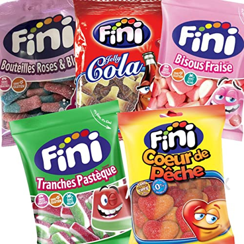 Assortiment de 5 sachets Fini de 90g - Coeur de pêche - Tranches de Pastèque - Bisous Fraise - Bouteille rose bleue - Jelly Cola - Lot de bonbons pour anniversaire, cadeau, fêtes, halloween, noël