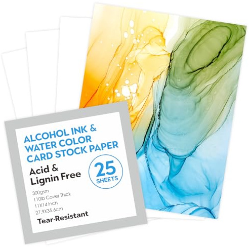 11x14 Inch 100lb Thick Alocohol Ink Water Color Card Stock 300gsm 25 Sheets Synthetic Paper Tear Resistant for Alcohol Inks, Acrylic Paints, Practise Drawing Paper
