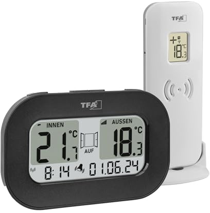 TFA Dostmann Digitales Funk Thermometer Cool@Home, 30.3046.01, gleichzeitige Temperaturmesser für innen/außen, mit Lüftungsempfehlung für kühle Räume, Alarm, mit Außensensor, inkl Funkuhr, schwarz