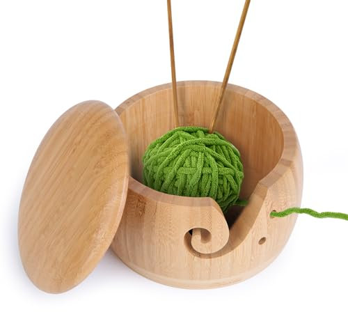 Yeelua - Cuenco grande de madera con tapa extraíble, soporte de lana hecho a mano, cuenco de almacenamiento de hilo, accesorios de punto (redondeado, madera)