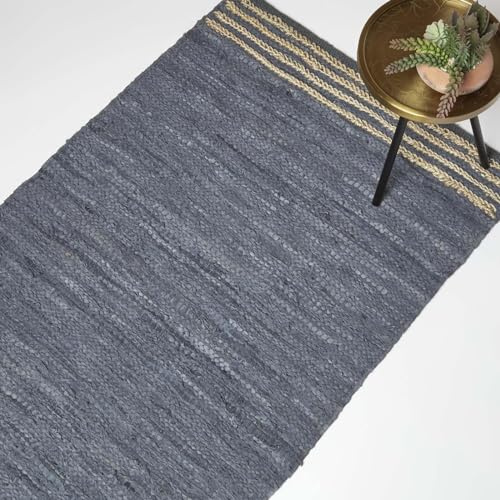 Homescapes Lederteppich grau gestreift 120x170 cm, Grauer Webteppich aus Recycling-Leder mit Jute-Streifen