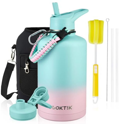 COKTIK 64 oz/Half Gallon Insulated Water Bottle Jug with Straw and Handle, Double Walled Stainless Steel Metal Sports Metal Water Flask with Reusable 3 Lids Camping, Fitness or Office(Bubble Gum)