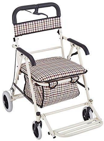 Gehhilfe, Einkaufswagen für ältere Menschen, Rollstuhl, vierrädriger Wagen, Einkaufswagen für den Haushalt, mit Sitz + Pedal, Seitenbremse, alles ist in Ordnung (weiß)