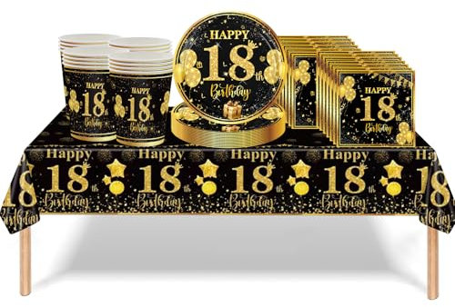 53Pcs Black Gold 18th Birthday Party Tableware Decorations, Table Cloth Plates Napkins Cups Sets for Him Her Boys Girls Birthday Table Decorations Gifts Dinnerware