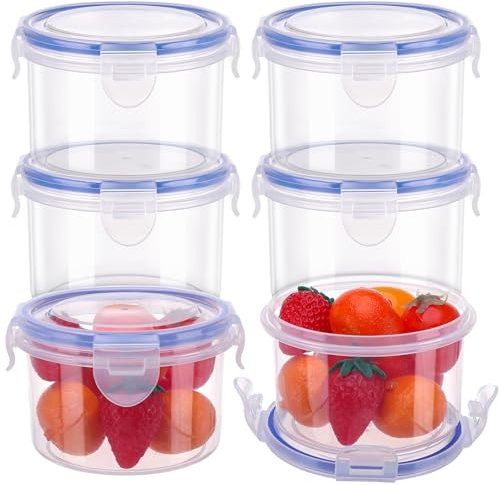 6 Pack Food Containers with Lids, Reusable Snack Pots Airtight Plastic Food Storage Container Round Leakproof Stackable Container Set Storage Pots with Clip-Lock Lid for Friut, Yoghurt, Snack(300ml)