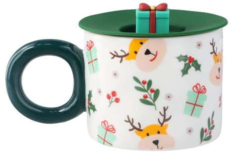 volumoon Tazas navideñas, taza de té de cerámica de 400 ml con tapa y asa, tazas de té de cerámica, Papá Noel, taza de té de cerámica, árbol de Navidad, taza de bebida de cerámica, para