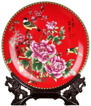 ZHNGYAN Handmade Decorative Plates, Bright Red Chinese Style Peony Flower Plant Ceramic Decorative-Plates Home Wobble-Plate with Display Stand Decoration Household Decorative