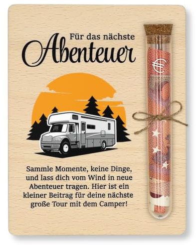 ZUKLA Verpackung Geldgeschenk Camper - 13 x 10 cm - mit Reagenzglas - Geschenk für Camper Wohnmobil - Wohnwagen Spardose - Reisegutschein Geschenk Verpackung - Handmade