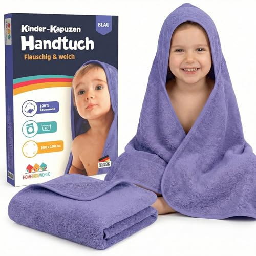 Home Kids World Kapuzenhandtuch Baby 100x100 cm (blau) – Weiches & saugstarkes Badetuch mit Kapuze – Kuscheliges Handtuch für Babys & Kinder inkl. Geschenkbox