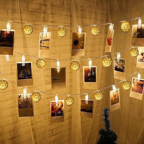 Guirlande lumineuse à 40 LED avec clip photo, boule en rotin, alimentation par piles, pour intérieur/chambre/mariage/fête (blanc chaud)