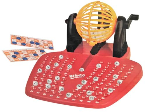 Acan Tradineur - Bingo manuale in plastica con 48 cartoni e 90 palline, set da tavolo tradizionale, familiare, minimo 2 giocatori, include gettoni, 14 x 26 x 28 cm