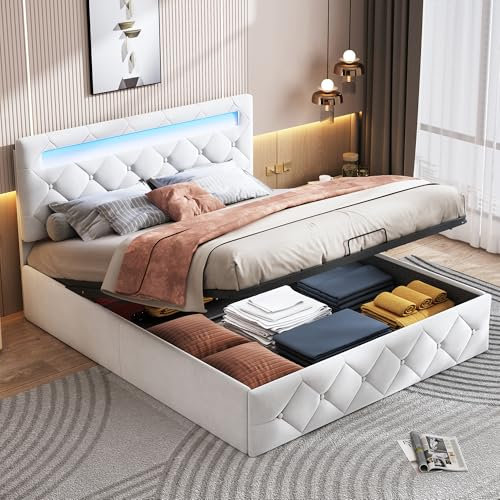 RTYUSWL Letto imbottito da 140 x 200 cm, letto doppio con LED sollevabile, con spazio contenitore, struttura letto a piattaforma con contenitore idraulico e testiera con luci a LED, struttura di