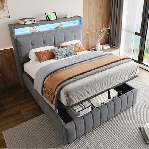 LAKFEW Polsterbett 140x200 cm, Doppelbett Stauraumbett mit LED-Beleuchtung und USB-Steckdose, Funktionsbett mit Hydraulischem Stauraum und Regal und Lattenrost, Grau, Ohne Matratze, Leinen