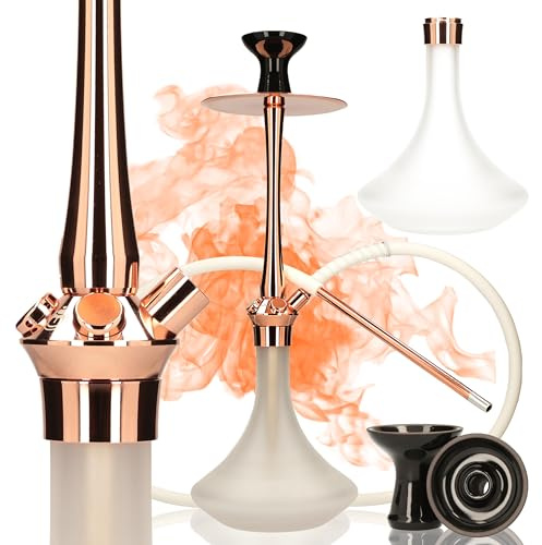 EL-BADIA C7 V2 Hookah 53cm – Set Shisha de Lujo con Base de Vidrio Grueso, Aluminio & Acero Inoxidable, Difusor Reversible, Manguera de Silicona Soft-Touch, Boquilla Metálica 29cm (Rose Gold)