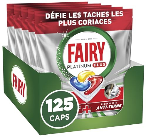Fairy Platinum Plus Tablettes Lave-Vaisselle Tout-en-1 Parfum Citron x125 | (25x5). Technologie anti-terne. Redonne l'éclat. Prévient le calcaire. Système Pré-Lavage Intégré. Efficace en Cycle Court