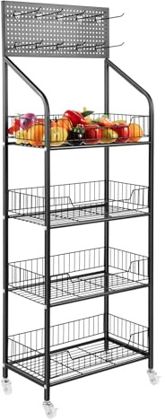 SanBouSi 4 Etagen Ladenregale Einzelhandel Supermärkte Snacks Süßigkeiten Regal Display Rack mit Rädern & 10 Haken, Metallregal für Geschäfte, Supermärkte, Küchen