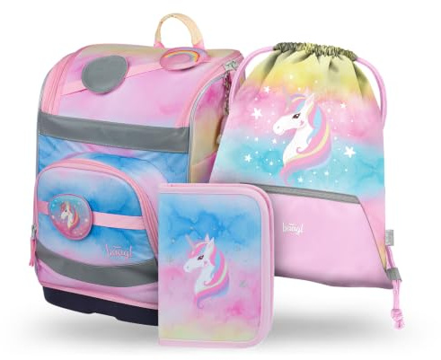 Baagl Schulranzen Mädchen Set 3 Teilig Zippy 21 l - Regenbogen Einhorn | Schultasche für 1. Klasse Mäppchen Turnbeutel Grundschule Ranzen mit Brustgurt Hüftgurt Ergonomischer Schulrucksack