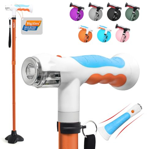 BigAlex Bastone per Anziani con Doppia Luce LED, Bastone da Passeggio Pieghevole Regolabile in Altezza, Base Antiscivolo, Supporto per Camminata Stabile, Ausilio Portatile per Anziani