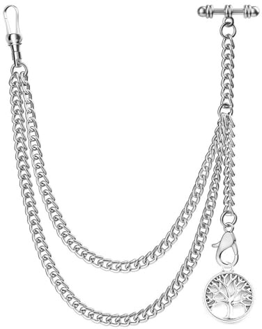 DerMacht Single Albert Pocket Watch Chain T-Bar with Tree Design Pendant Silver