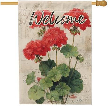 Bandiera da giardino con gerani di benvenuto primavera estate, striscione decorativo floreale rosso, decorazione per la casa in cotone su entrambi i lati, cartello per prato esterno per feste di