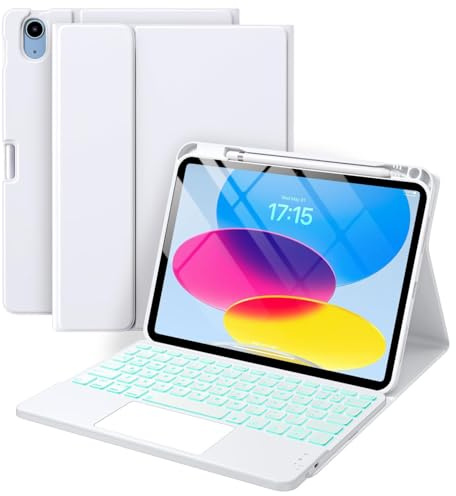 FAYGAOAI Funda con Teclado para iPad (A16) 11.ª/10.ª Generación, Contiene Ñ, Retroiluminada 7 Colores, Teclado Desmontable para iPad A16 11 Pulgadas 2025, 10.ª Generación, 10,9 Pulgadas 2022,Blanca