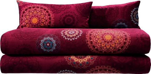Erwin Müller Bettwäsche, Bettgarnitur Sparpaket 4-TLG. Flanell - Mandala - mollig warm, temperaturregulierend, mit praktischem Reißverschluss - Bordeaux Größe 40x80 cm / 135x200 cm