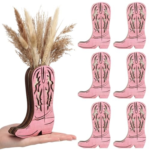 LemonRoad Wooden Cowboy Boot Vases for Wedding Small Cowboy Boot Flower Vase for Flower Faux Greenery Rustic Western Decor for Table Centerpiece Weddings Party (Classic,Pink,6 Pcs)