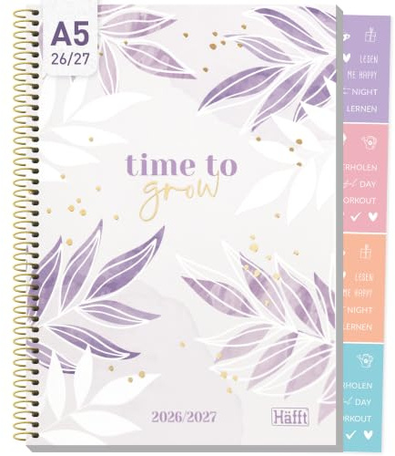 Häfft® College-Timer Schülerkalender 2026 2027 A5 Purple Leaves | Mit Goldprägung & Stickern - Schulplaner 26/27 im Pastell-Look für Schule & Uni, Hausaufgabenheft mit Spiralbindung