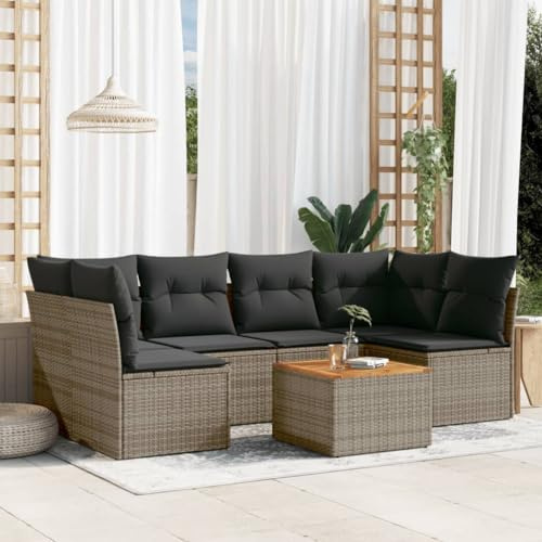 LoogCape Ensemble de 7 canapés de jardin gris en rotin synthétique avec espace de rangement, plateau en bois d'acacia, résistant aux UV, groupe de sièges d'extérieur modulaire pour terrasse et balcon