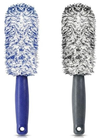 Wheel Brush, 2Pcs Car Wheel Brush with Microfiber Bristles for Cars Wheels | Microfiber Flat Wheels Rim Cleaner Brushes for Cars Wheels Motorcycles Bicycles Fenders Engine(Black and Blue)