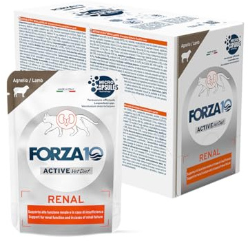FORZA 10 Chat Renal - Agneau | Nourriture humide diététique complète pour chats adultes, pour soutenir la fonction rénale, 12 sachets de 80 g chacun.
