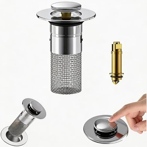 Pop Up Bathroom Basin Stopper, Sink Drain Strainer Hair Catcher with Removable Basket, Odour Isolation, Anti-Clog, Universal Fit 33-40mm Drain Holes