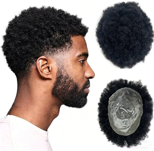 100% Real Human Hair Afro Toupee for Men, V-Needle PU Skin Base Hair Replacement System, Natural Scalp Look Mens Hairpiece for Baldness, Breathable Invisible Hair Patch for Daily Wear
