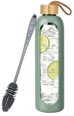 YYTECH Botella de cristal de 1 l, botella de agua a prueba de fugas con escala de hidratación, botella de vidrio de borosilicato con cepillo y funda de silicona, apta para bebidas calientes y frías