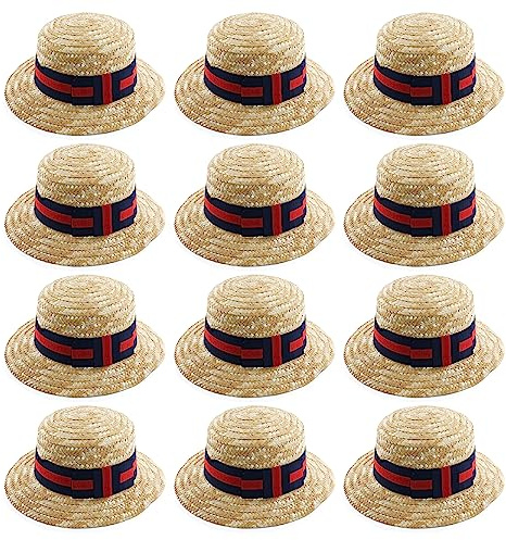 Sombrero de paja para adultos, gorro de Pascua, sombrero eduardiano con banda azul marino y roja y lazo a granel, paquete de 12