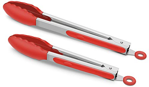 2 Pack Silicone Kitchen Tongs – 9 & 12 Set, Heat Resistant up to 500°F, Non‑Stick Cookware Safe, Wavy Silicone Tips, BPA Free, Locking Clip & Hanging Loop, Red | Heat Resistant to 500°F with BPA-free Silicone Tips, Locking Clip and Nonslip Handles for Nonstick Cookware and Grilling