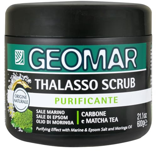 GEOMAR | Reinigendes Thalasso-Peeling, mit Meersalz, Bittersalz, Moringa-Öl und Extrakten aus Holzkohle und Matcha-Tee, 95% Natürlichen Ursprungs, Made in Italy, 600 g