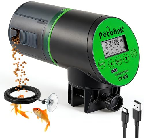 Petbank Automatic Fish Feeder for Aquariums - Rechargeable Auto Fish Food Dispenser Timer Feeder with USB Charger Cable，LCD Screen, Customized Schedule