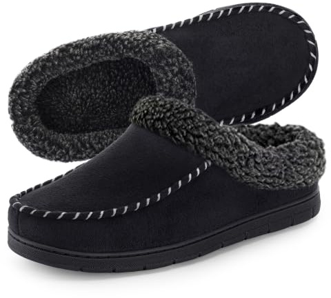 ULTRAIDEAS Men's Warm Fuzzy Moccasin Clog Slipper, Slip on Winter Comfy Indoor/Outdoor House Shoes(Black, 13-14)