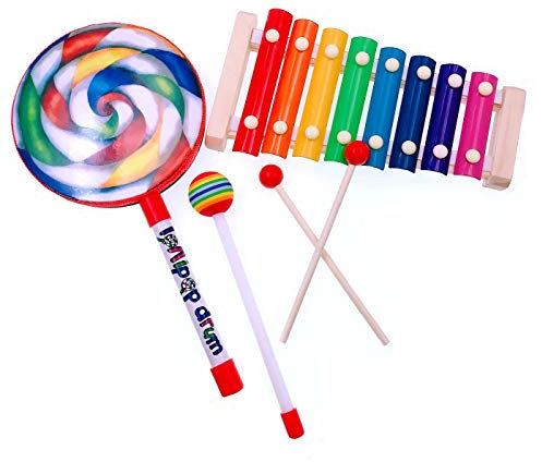 JZK Holz Xylophon Glockenspiel + Lutscher Kinder Trommel, Kinder Percussion Set musikinstrumente Spielzeug Geburtstag Weihnachten Geschenk zum Kleine Kinder Baby