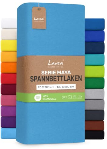 Lavea® Spannbettlaken 90x200cm - 100x200cm Maya Jersey, Bettlaken aus 100% Baumwolle, mit Rundumgummi für Matratzen bis 20 cm, atmungsaktiv, pflegeleicht, formstabil, Spannbetttücher, Himmelblau | Maya, 100% Jersey Baumwolle – Weiches Spannbetttuch mit Rundumgummi, atmungsaktives Bettlaken für Matratzen bis 20 cm