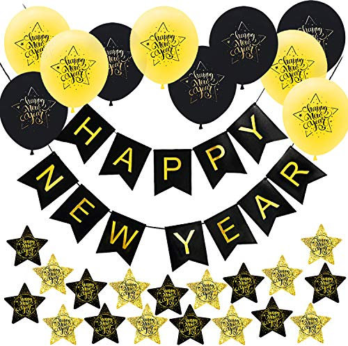 Oblique Unique® Happy New Year Silvester Neujahr Party Feier Deko Set - Girlande + Luftballon Set + Konfetti Stern Set in Gold Schwarz Mix