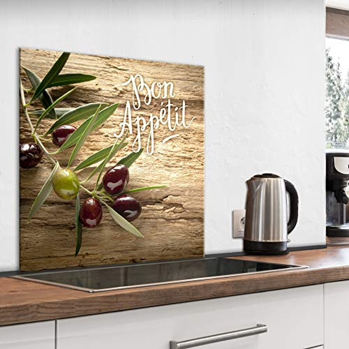 murando Crédence Cuisine en Verre Trempé - Plaque Anti-Projection 60x60 cm | 4 mm, Anti-Éclaboussures, Résiste à la Chaleur, Facile à Nettoyer, Déco Moderne, Légumes Olives Bon Apetit