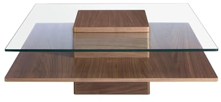 Angel Cerdá – Mesa Centro Diseño de Cristal Templado y Madera Nogal | Mesa de Centro Cuadrada Contemporánea, Elegante | Base de Madera | Ideal para Salón | 100 x 100 x 35 cm