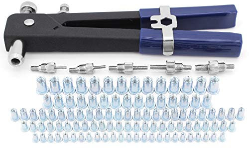 Yuhtech 110Pcs Hand Riveter Kit Rivet Nut Gun, Threaded Rivet Nut Kit Set Nut Rivet Tool Rivet Nutsert Gun Hand Riveter Rivet Nut Gun M3 M4 M5 M6 M8