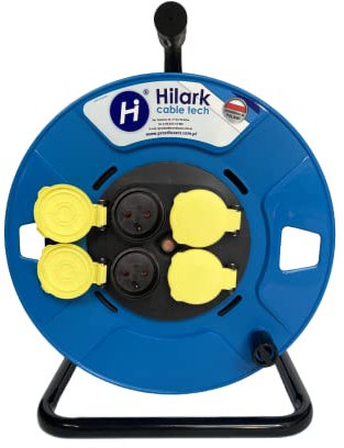 HILARK Enrouleur de câble vide Standard S, tambour vide avec prises, Garantie 3 ans (50 mètres, Noir, Bleu)
