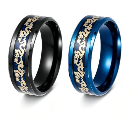 Left Girl 2 Stücke Titan Stahl Ringe Drache Schwarz Und Blau Mannnes Geschenke Hochzeit Band Schmuck Größe 6-12