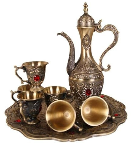 Juego de café y Taza de café Turco, Juego de té Vintage Que Incluye té, 6 Tazas de Metal y Bandeja de té para decoración de la Mesa de té, matraz de Cadera, Regalo de Bodas.,B