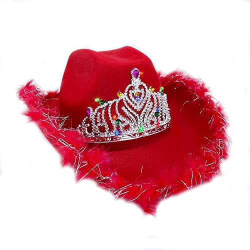 LEEMASING Cowgirl Leuchtender, blinkender Tiara-Hut, Paillettenbesatz, für Halloween, Geburtstag, Kostümpartys (rot)